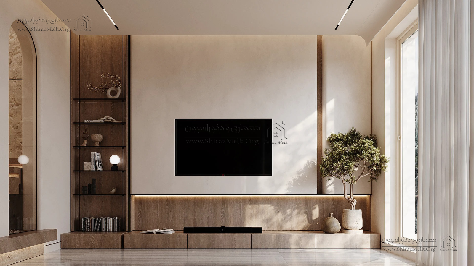 فضای TV Wall با قفسه‌های دکوراتیو و نور خطی
