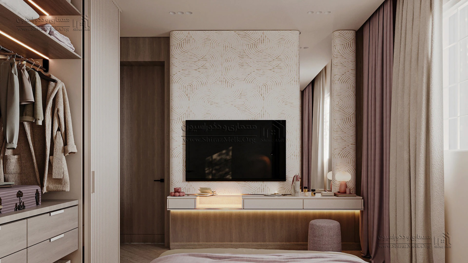 فضای TV Wall اتاق دختر با طراحی مینیمال