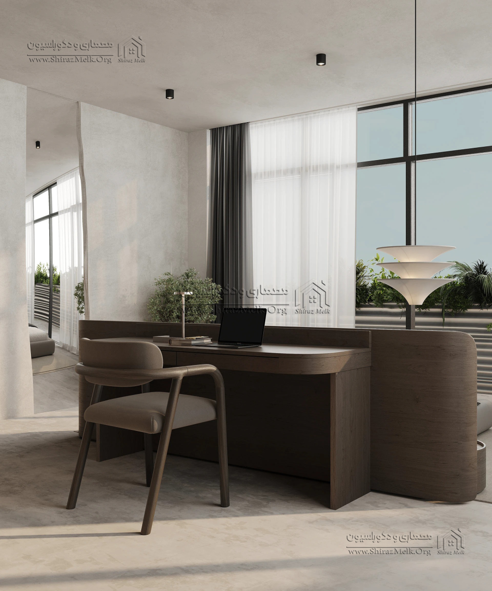 میزکار در پشت تخت طراحی شده تا کارکرد دوگانه‌ای برای فضای استراحت و فعالیت روزمره ایجاد کند.