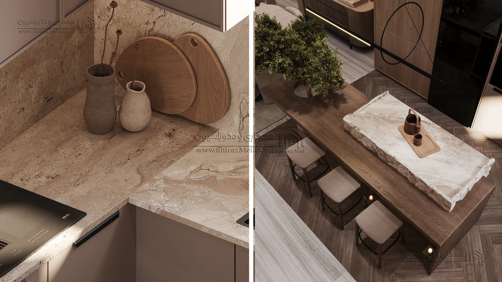 آشپزخانه با کابینت‌های چوبی و نور سقفی خطی
