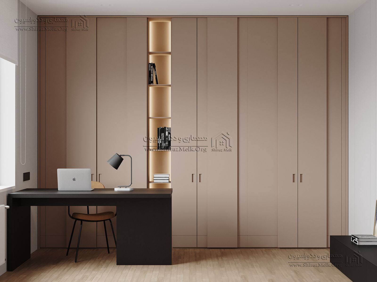 طراحی داخلی اتاق خواب مستر با کمد توکار و میز کار